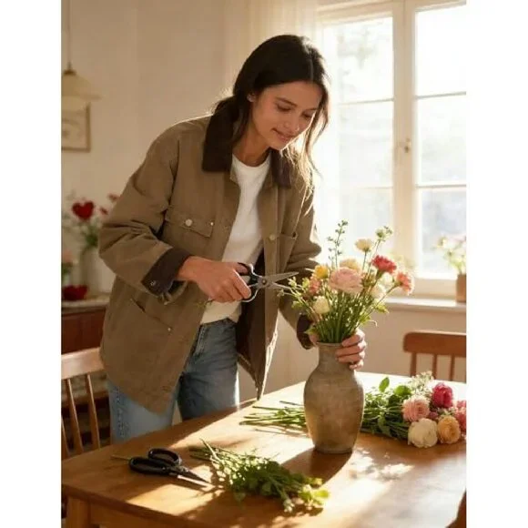 Oversized Cotton Barn Jacket with Corduroy Collar and Pockets - Picture 8 of 8